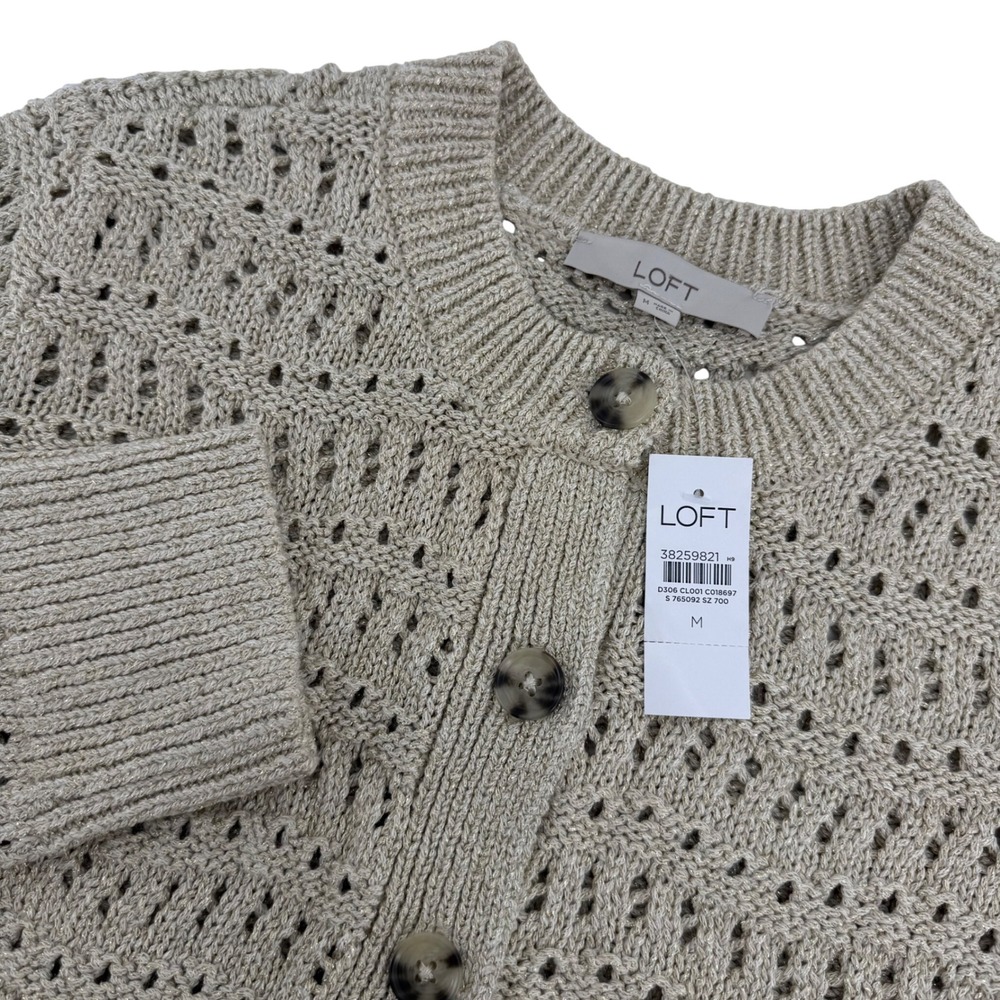 LOFT Shimmer Pointelle Open Knit Cardigan Sweater Beige Gold Metallic Size M NEW